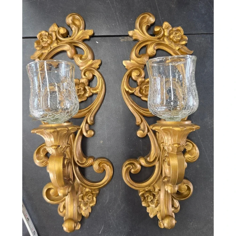 Vintage Homco Gold Wall Sconces Pair 4118 Hollywood Regency Crackle Glass 1971